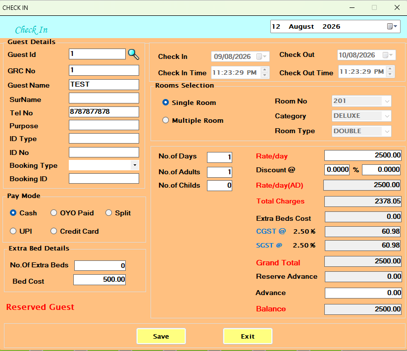 Alpine Hotel Management guest check-in