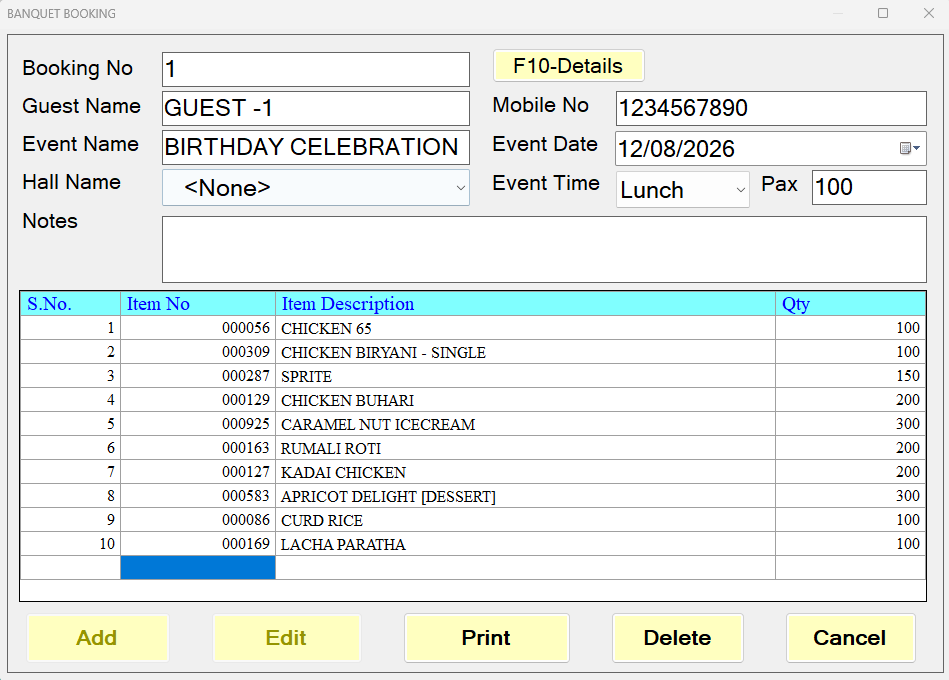 Alpine Restaurant POS banquet booking screen