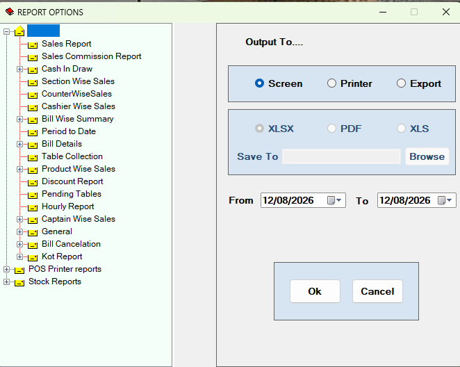 Alpine Restaurant POS reports screen